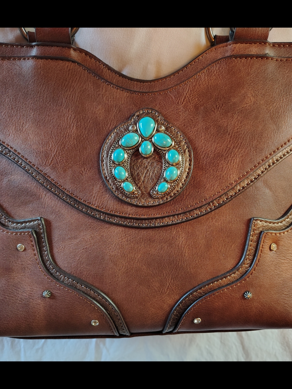 Justin Western Tote Purse Brown Faux Leather Turquoise Horseshoe Shoulder Bag - Picture 4 of 6